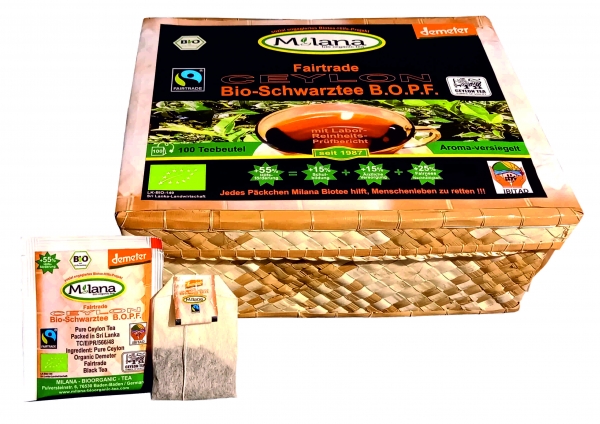 100 MILANA Ceylon Fairtrade Demeter BIO-SCHWARZTEE TEEBEUTEL BOPF Broken Orange Pekoe Fannings - schwarzer Premium-Tee in HANDGEFLOCHTENEM TEEKÖRBCHEN, 55 Prozent des Verkaufspreises ist SOZIALE HILFSLEISTUNG - Der Tee..der nach Liebe schmeckt. Fair und n